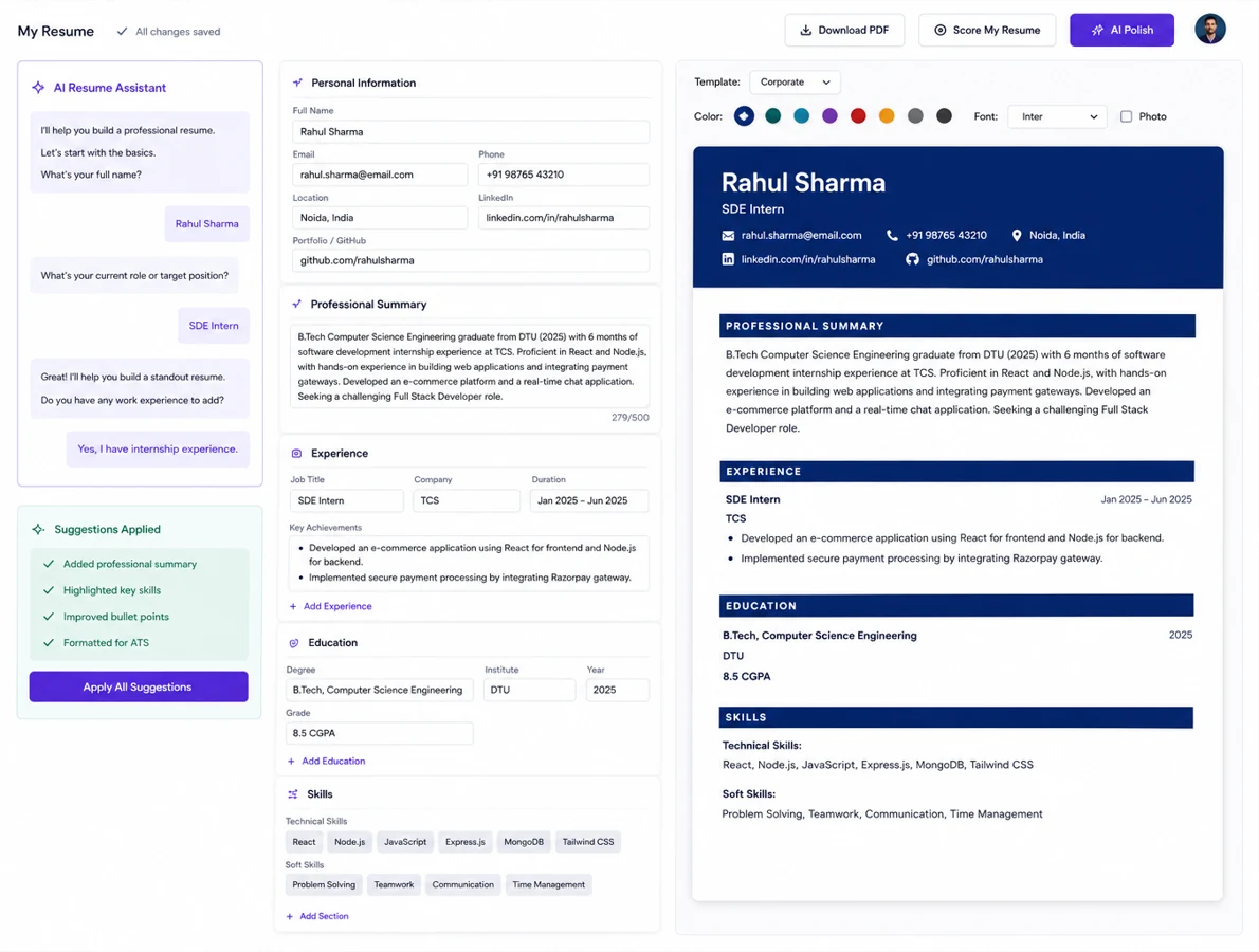 The Hirenix resume editor: the AI assistant on the left, the resume form in the middle, and the live A4 preview on the right.