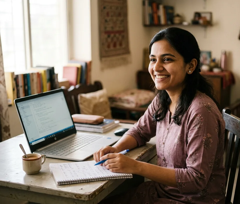 A student learning an interview concept on Hirenix at home