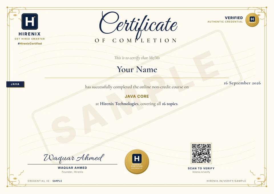 Sample Hirenix Certificate of Completion with the learner's name and a verification QR code