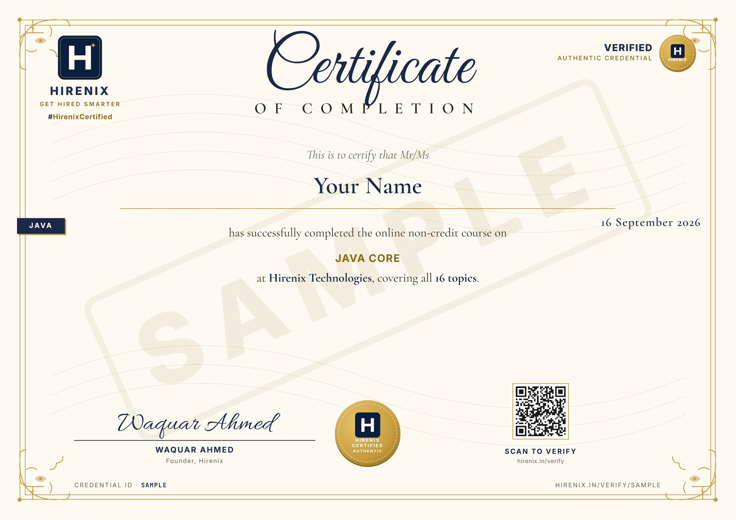 Sample Hirenix Certificate of Completion with the learner's name and a verification QR code